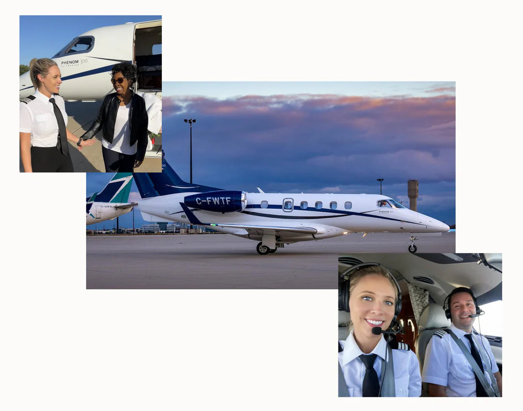 The phenom plane on a runway, surrounded by photos of Kristy in her pilot attire.