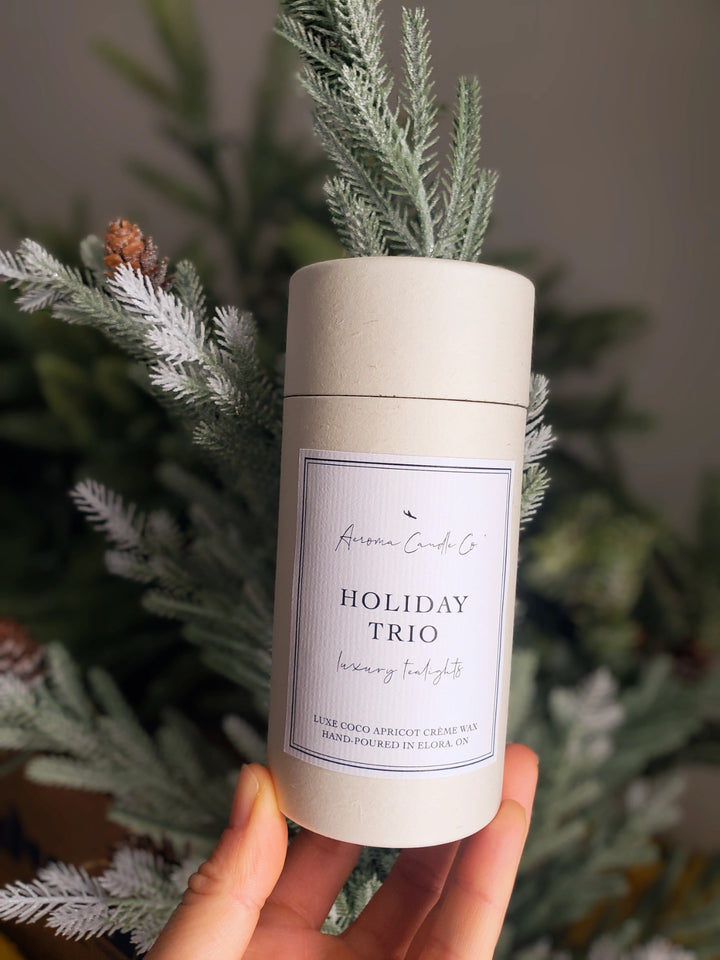 Hand holding a cylindrical container labeled 'Holiday Trio' with decorative greenery in the background.