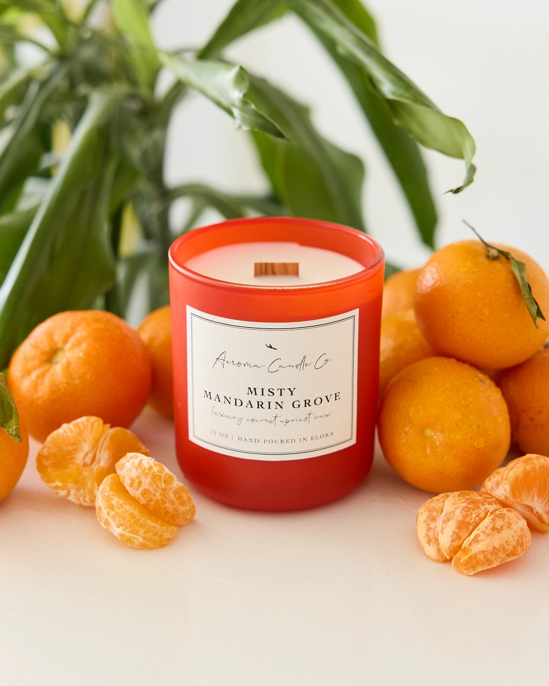 Red candle labeled 'Misty Mandarin Grove' surrounded by mandarin oranges on a light background